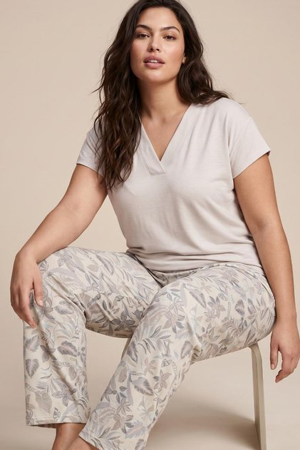 Stone-Colored Patterned Large Size Oversized Viscose Knitted Pajama Set