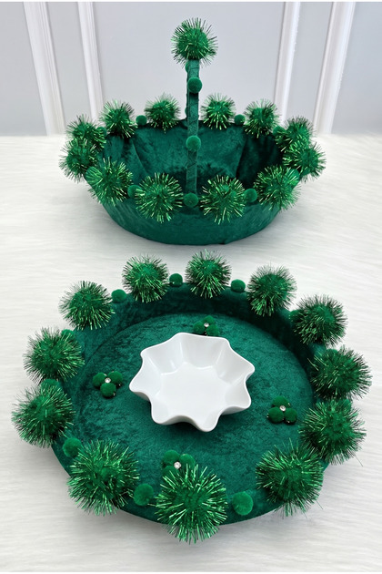 Emerald Green Bridal Velvet Henna Night Tray and Basket, with Glitter Pompoms, Wedding, Engagement, Promise