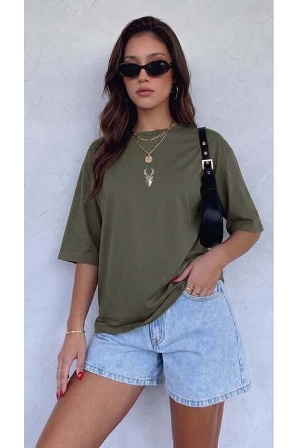 Women's Oversize Casual T-Shirt Geyik Khaki Green
