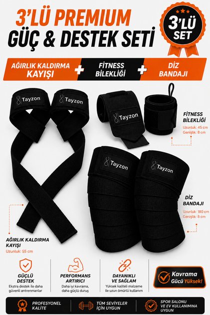 3'lü Powerlifting & Fitness Destek Seti Ağırlık Kaldırma Kayışı + Fitness Bilekliği + Diz Bandajı