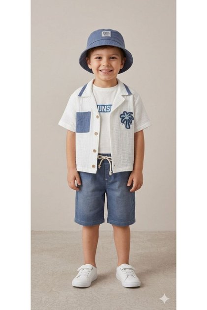 Boy's Muslin Fabric Shirt/Shorts/T-Shirt/Fisherman Hat 4 Piece Set