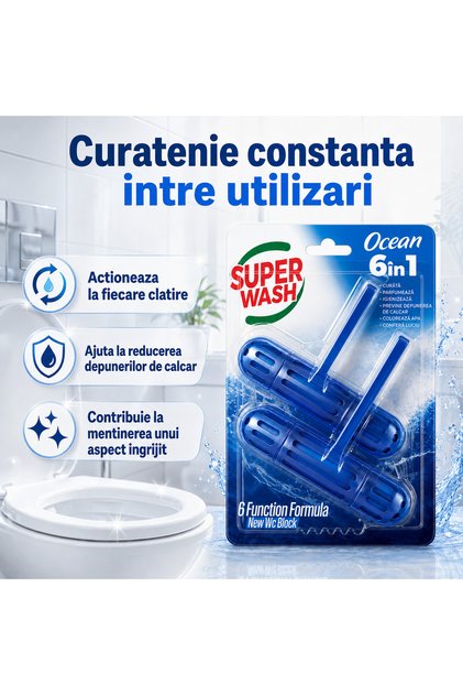 Odorizant WC Fresh Power Ocean 6 în 1, pachet 2 bucăți, 2 x 50 g, curăță, parfumează și colorează apa