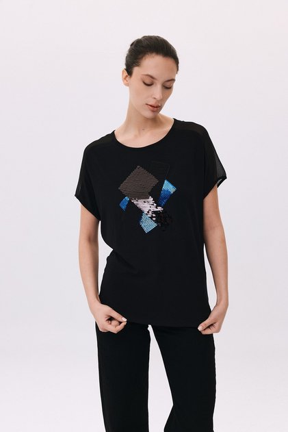 Round Neck Chiffon T-Shirt with Sequin Appliques on the Shoulders