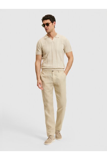 Beige Slim Fit Elastic Waist 100% Linen Trousers 50327868-Vr011