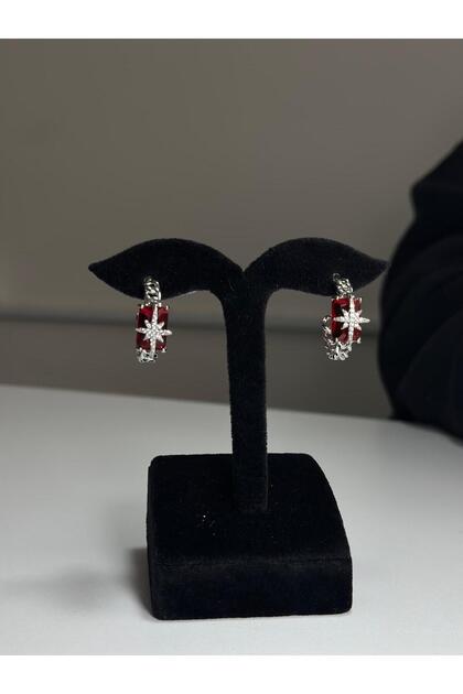 Star Detailed Red Stone Silver Color Luxury Women's Earrings