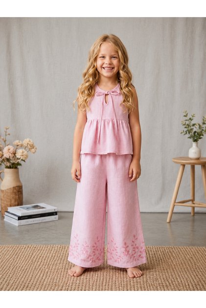 Linen Ruffled Blouse with Wide Embroidered Cuffs Girls' Two-Piece Set
