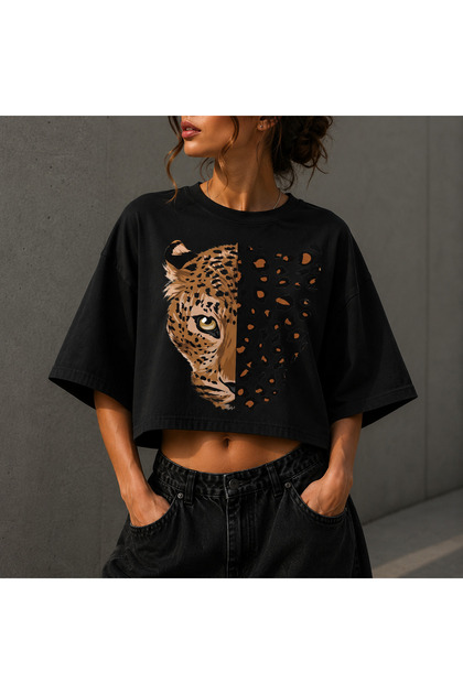 Leopard Face Printed Women's Crop T-Shirt Oversize Modern