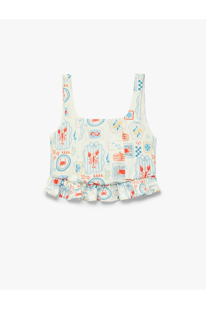 Sea-Themed Printed Ruffle Detailed Square Neck Strap Blouse