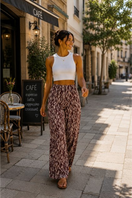 Woven Viscose Trousers with Wide Legs - Patterned - Without Pockets