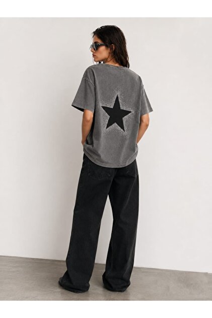 Yıldız Taş Detaylı Washed Oversize T-Shirt