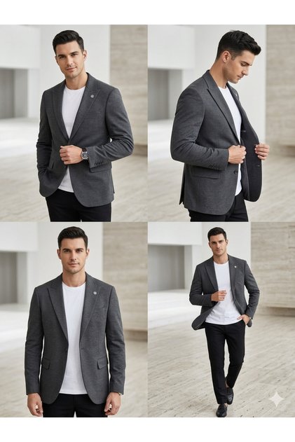 klasik slim fit dar kesim koyu gri kendinden desenli erkek ceket