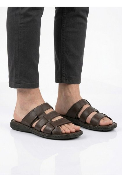 Men's Brown Genuine Leather Daily Slippers with Comfortable Sole and Stitched Details 1759