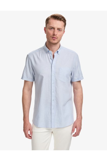 Light Blue Linen Blend Regular Fit Short Sleeve Shirt 50325340-Vr003