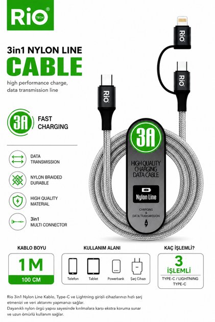 3'ü 1 Arada 1 Metre Hızlı Şarj ve Veri Aktarım Kablosu 3A Type-C Lightning Micro USB Kablo