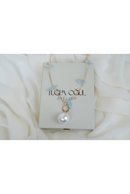 Kol500 Gold Necklace with Turquoise Stone and Large Pearl Detail