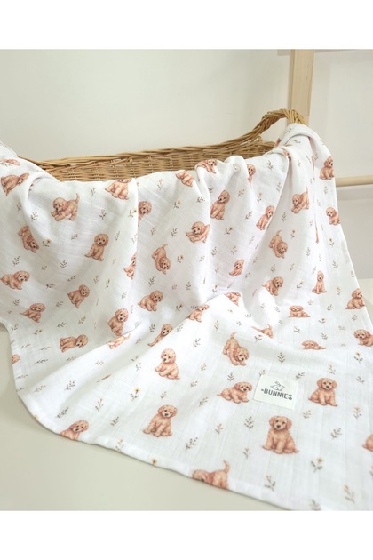 Jr Bunnies Dog Patterned Muslin Baby Blanket 100X100 cm 100% Cotton Multi-Purpose Blanket