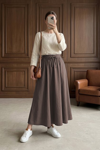 Elastic Waist Lace Detailed Pocketed Tencel Skirt - Brown - Brown