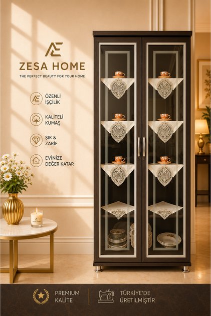 6 Piece Gardenia French Guipure Detailed Living Room Display Cabinet, Silver Napkin Holder