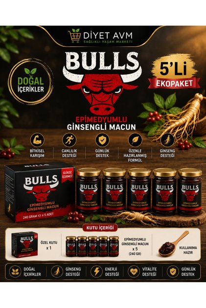 5’Lİ BULLS EPİMEDİUMLU GİNSENGLİ BİTKİSEL KARIŞIMLI KUVVT MACUNU GECKTİRİCİLİ SERTLŞTRİCİLİ 240 GR BÜYÜK BOY 5 ADET