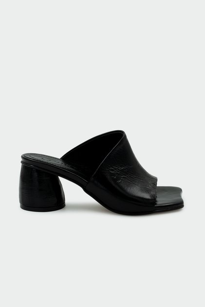 Pinok Asymmetrical Cut Genuine Leather Women's Black Heeled Slippers