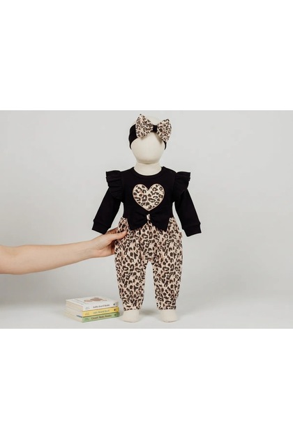 Kız Bebek Leopar Desenli Fiyonklu Tulum ve Saç Bandı Takımı