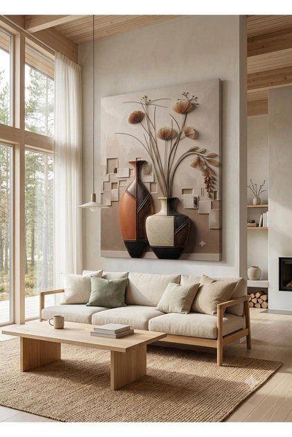 Modern Dekorasyon 3D Efektli Özel Tasarım Kanvas Tablo Soyut Çift Vazo ve Altın Floral Motifli Premium Duvar Paneli