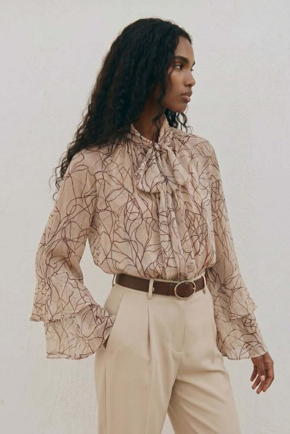 Patterned Scarf Blouse - Brown