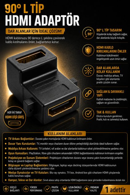 1 ADET 90 derece HDMI adaptör / L tipi HDMI dönüştürücü / HDMI dişi dişi adaptör / HDMI 90 derece ek aparatı / HDMI kablo uzatma 90 derece / Köşe tipi HDMI adaptör / bağlantı aparatı