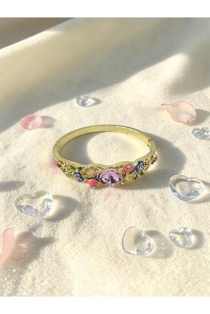 Colorful Flower Garden Themed Pink Zircon Stone Enamel Steel Handcuff Bracelet - Does Not Tarnish