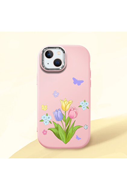 iPhone 13 Uyumlu Kılıf kamera koruyucu Pembe Silikon Couple Telefon Kılıfı çiçekli Desenli