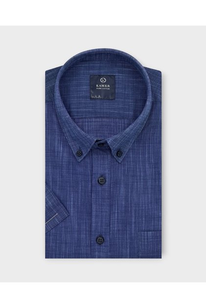 Men's Regular Fit Short Sleeve 100% Cotton Button-Up Collar Cobalt Blue Shirt 9566Sm