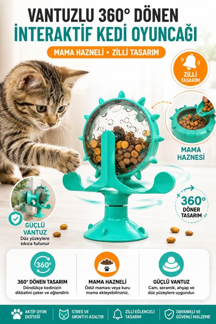 Vantuzlu 360° Dönen Kedi Oyuncağı Zilli Mama Hazneli İnteraktif Kedi Oyuncağı