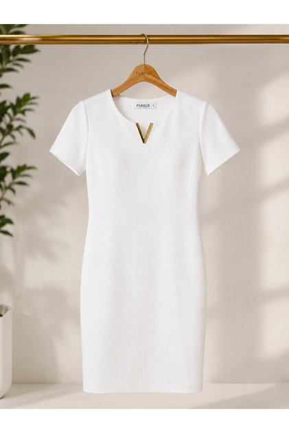 Ribbed Pencil Dress with V-Accessories – White