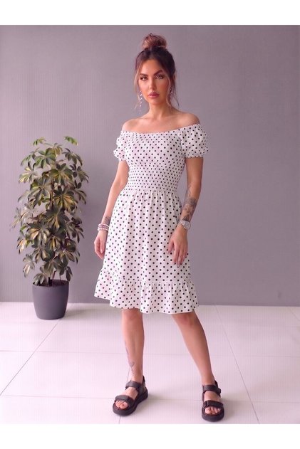 Women's White Watermelon Sleeve Short Dress with Dot Pattern