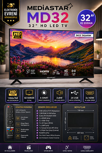 MediaStar 32 inç TV / 32 inç HD LED TV / Dahili uydu alıcılı 32 inç TV / USB film oynatan televizyon / 82 ekran HD televizyon / Güvenlik sistemi / CCTV güvenlik led ekranı / net görüntü