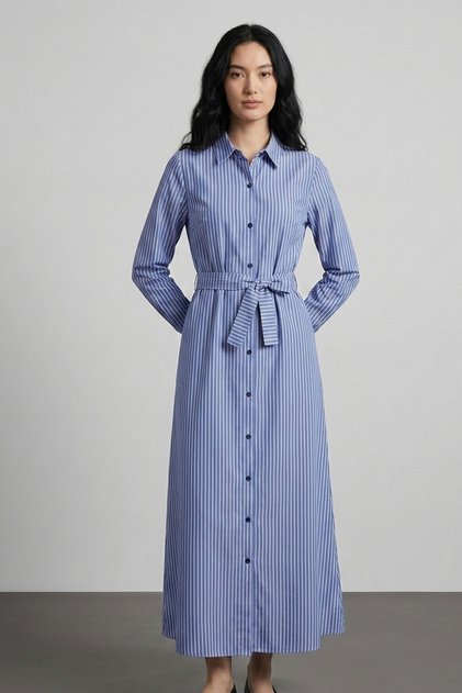 Tonv Women's Satin Long White Striped Belted Evening Dress & Hijab Dress - Cobalt Bluebeyaz