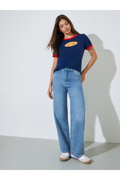 Blue Whisker Wide Leg Jeans with Pocket