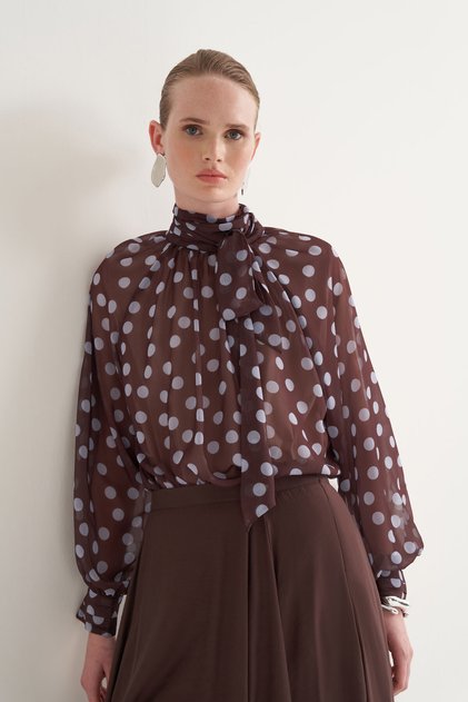 Polka dot scarf detailed blouse