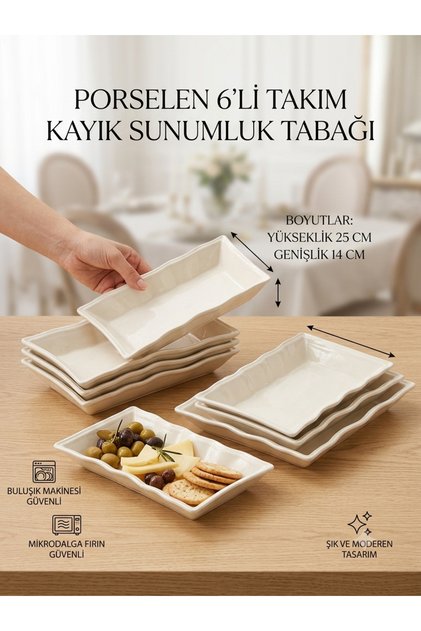 6'lı Seramik Dikdörtgen Sunum Tabağı Seti - 25x14 cm Dalgalı Kenar Servis Tabağı