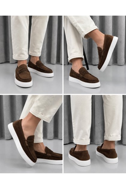 Erkek Hakiki Süet Deri Kalın Taban Casual Loafer Ayakkabı – Kahve / Siyah