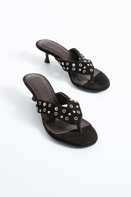 Madison Women's Genuine Leather Studded Detailed Flip-Flop Heeled Slippers Sandals