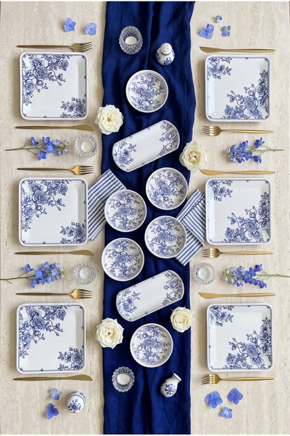 Antique Blue 14 Piece Square Breakfast Set for 6 People, Luxury Breakfast Set