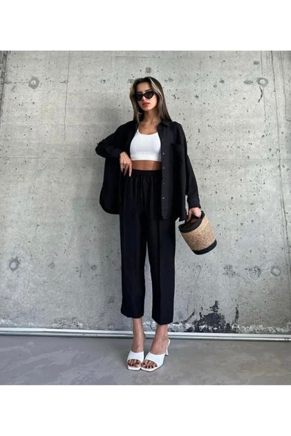 Kadın Sofia Keten Oversize Gömlek ve Beli Lastikli Pantolon İkili Takım – Siyah