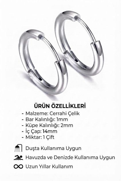 Unisex Silver Color 14 mm Steel Classic Model Hoop Earrings