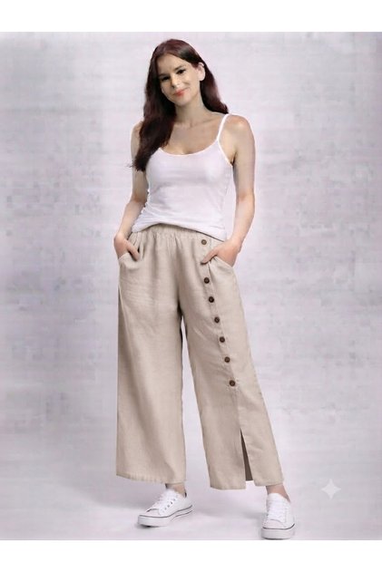 Women's Italian Mink Elastic Waist Plain Pattern Button Detailed 100% Linen Trousers