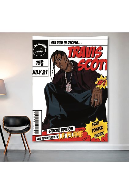 Travis Scott Comic Cover Wall Covering Wall Tapestry First Quality Satin Fabric Poster