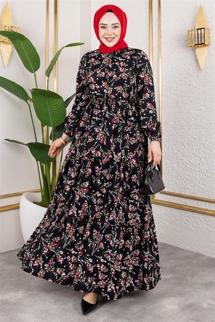 Asel Floral Viscose Dress Black