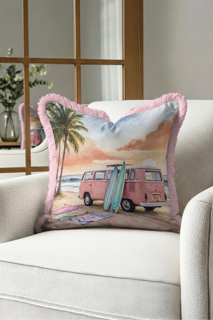 Tropical Beach Retro Caravan Sunset Fringe Pillowcase-Surf Boho Pink Tassel Throw Pillow Cover