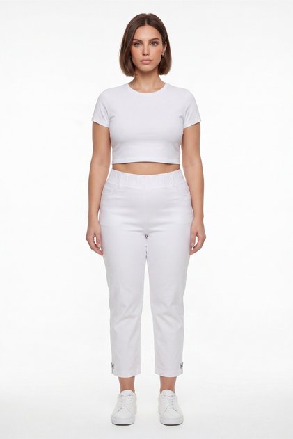 Women's White Summer High-Waisted Pants with Embroidered Cuffs and Pockets 42-48