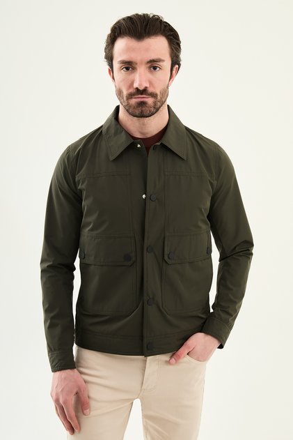 Düz Slim Fit Gömlek Yaka Torba Cepli Baharlık Erkek Mont Haki - 39661.26Y